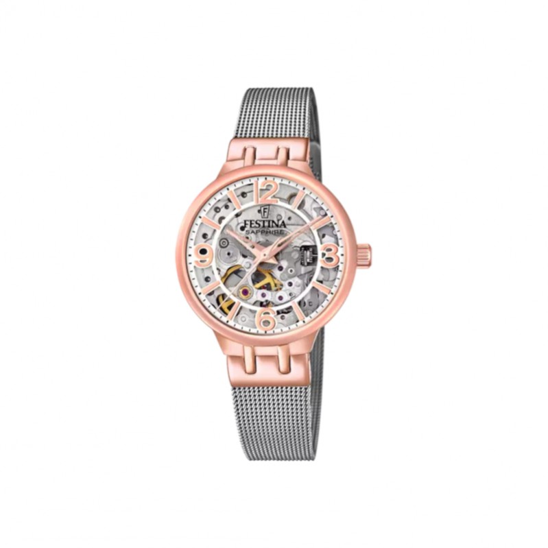 montre-FESTINA-Femme-automatique-acier-inoxydable-rose-F20581-1 Montre Skeleton Automatique Femme FESTINA Acier inoxydable rose et gris F20581/1