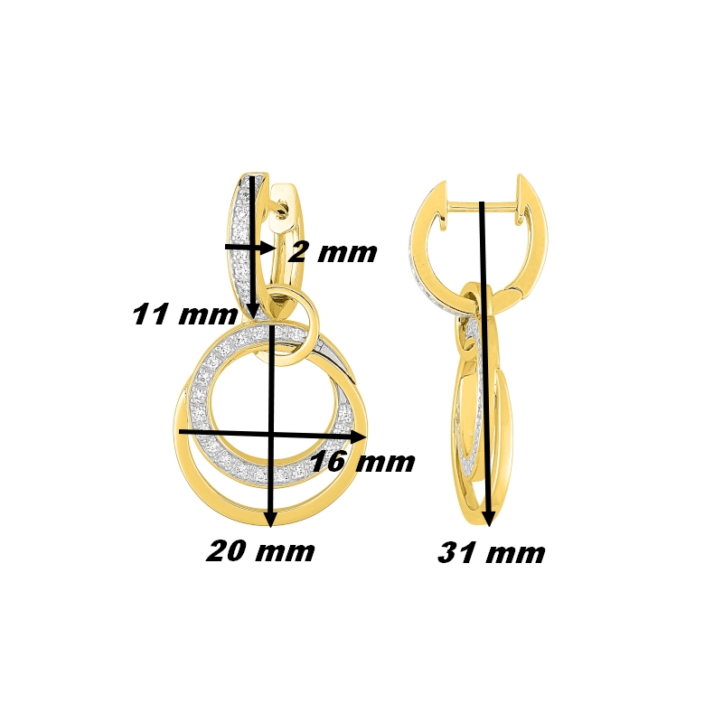 Boucles d’oreilles créoles, 2 modèles en 1, Or jaune 750/1000, Rhodium et Diamants ROBBEZ MASSON, dimensions