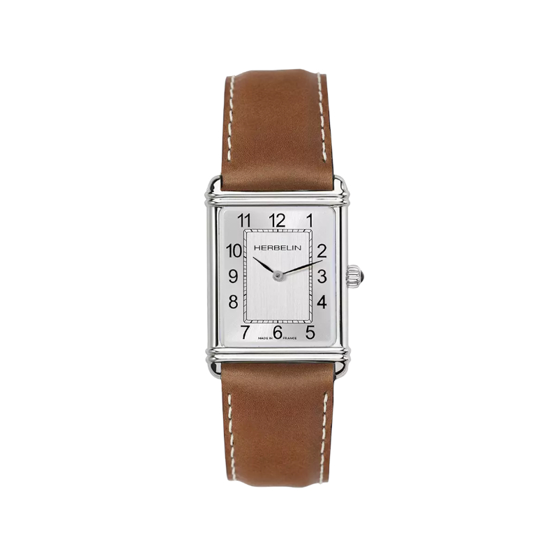 Montre Art Déco rectangulaire Homme cuir marron et Acier inoxydable HERBELIN 17468AP22GD
