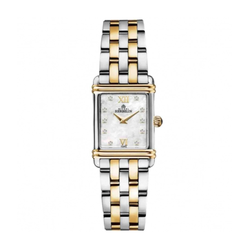 Montre Art déco Femme rectangulaire Acier inoxydable bicolore et Oxydes de zirconium HERBELIN 17478BT59