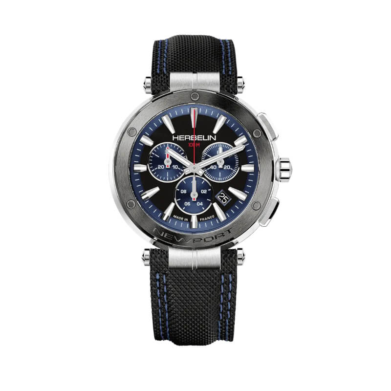 Montre Homme NEWPORT Chronographe HERBELIN, Acier inoxydable et cuir bleu 37688AG65