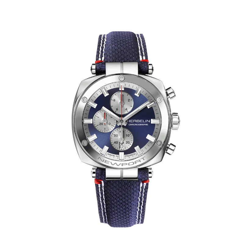 Montre Homme NEWPORT Héritage Chronographe HERBELIN, Acier inoxydable et cuir bleu 35664AP25