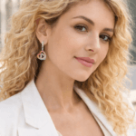 Boucles d’oreilles pendantes double Cœur Femme Acier inoxydable et strass de couleurs LOTUS LS1943-4/2 portées.