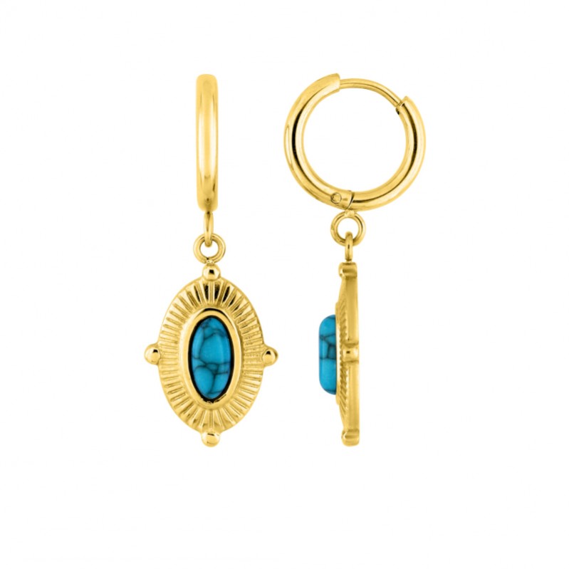 Boucles d’oreilles créoles pendantes Femme Acier inoxydable doré et Turquoise synthétique ROBBEZ MASSON