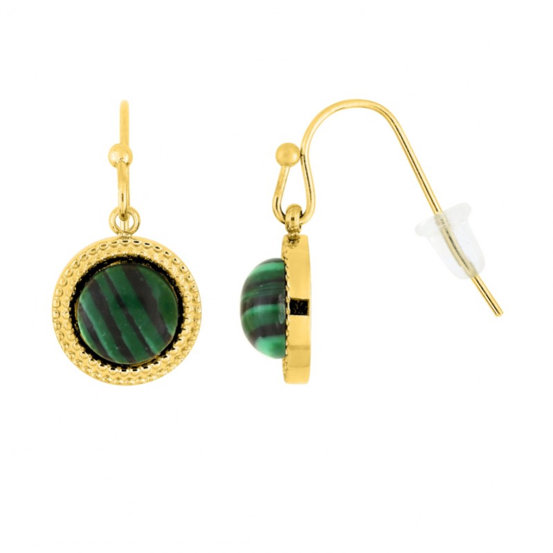 boucles-oreilles-femme-pendantes-malachite-acier-inoxydable-doré-robbez-masson-435153 Boucles d’oreilles pendantes Femme Rond Acier inoxydable doré et Malachite synthétique ROBBEZ MASSON