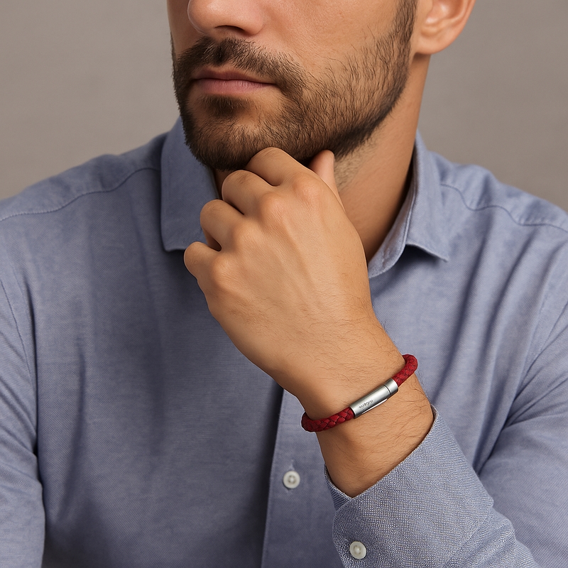 bracelet-homme-cuir-rouge-et-acier-inoxydable-LOTUS-LS2141-2-2-porté Bracelet Homme Cuir rouge et Acier inoxydable LOTUS LS2141-2/2 porté