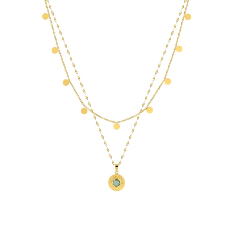 collier-femme-acier-inoxydable-doré-double-rang-robbez-masson-432105 Collier double rang Femme Acier inoxydable doré et Jade verte synthétique ROBBEZ MASSON