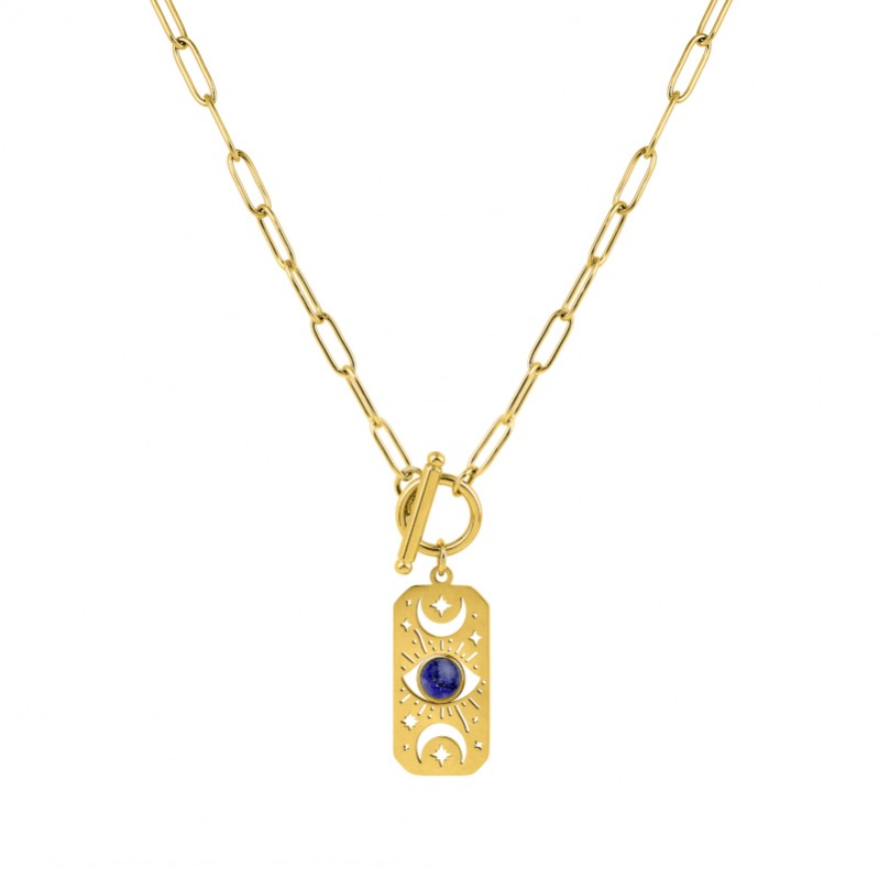 Collier Œil rectangulaire Femme Acier inoxydable doré et Lapis synthétique ROBBEZ MASSON