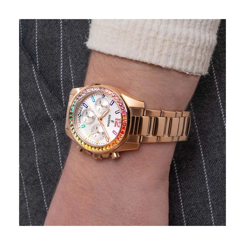 montre-Rainbow-femme-FESTINA-acier-inoxydable-rose-F20639-2-portée Montre Femme Rainbow Acier inoxydable rose FESTINA F20639/2 portée