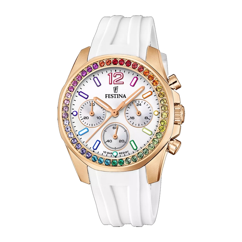 Montre Femme Rainbow Acier inoxydable rose et caoutchouc blanc FESTINA F20611/2