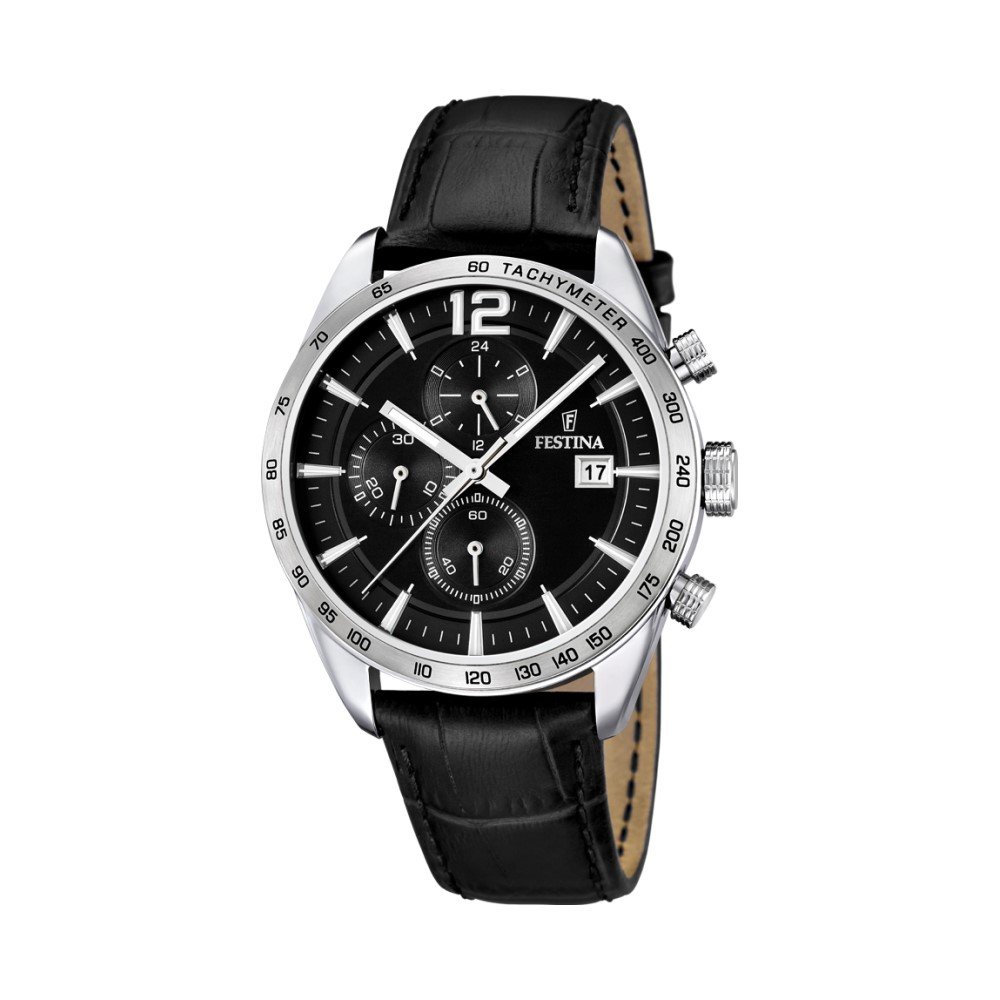 Montre Chronographe Homme, Acier inoxydable et Cuir noir FESTINA F16760/4