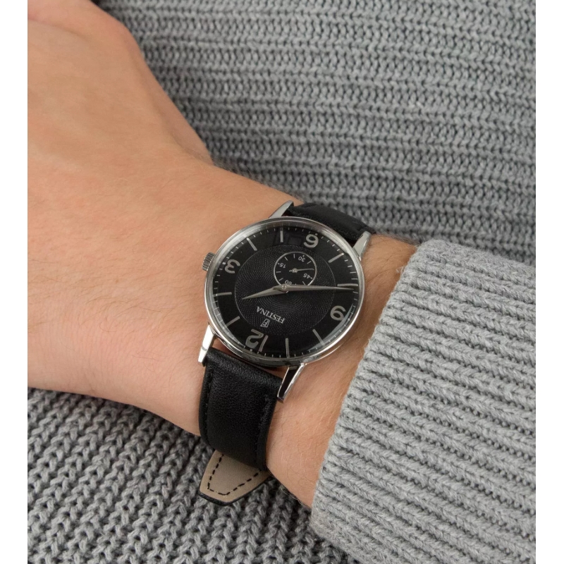 Montre Rétro Homme, Acier inoxydable et Cuir noir FESTINA F20566/4 portée