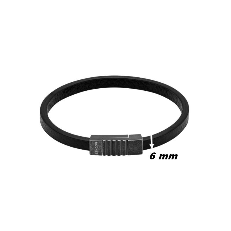 Bracelet Homme Cuir noir et Acier ROCHET HB77, largeur.