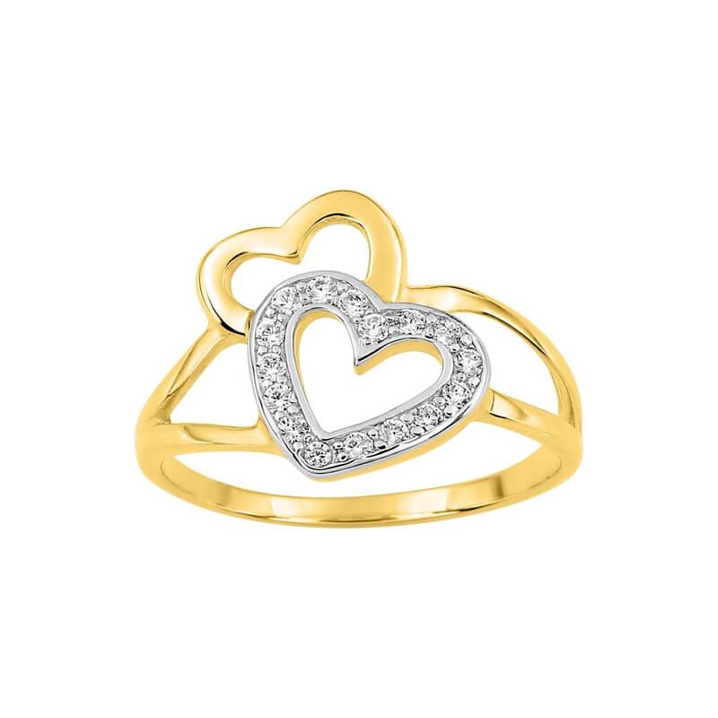 Bague Double Cœur Femme Plaqué Or, Rhodium et Oxydes de zirconium ROBBEZ MASSON