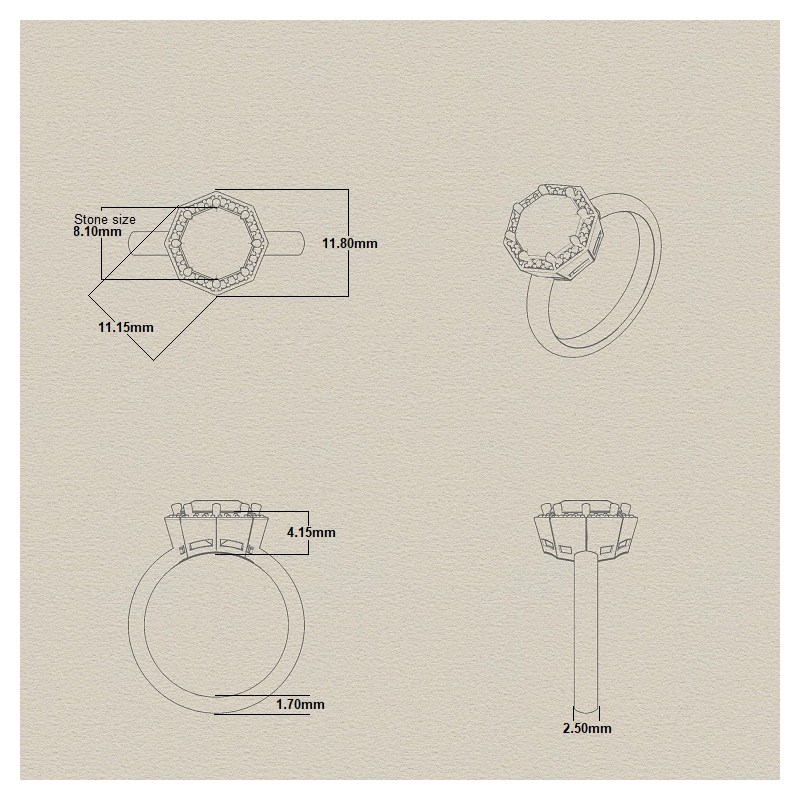 Bague Femme Platine, Améthyste et Diamants FACET RF906FMTWNQ14, dimensions.