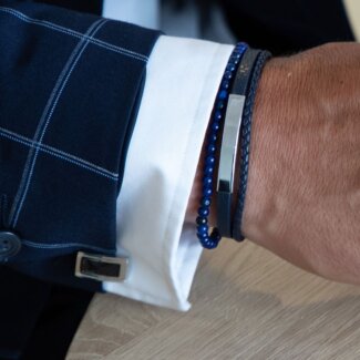Bracelet Acier, cuir et lapis Lazuli ROCHET HB6612 Homme porté.