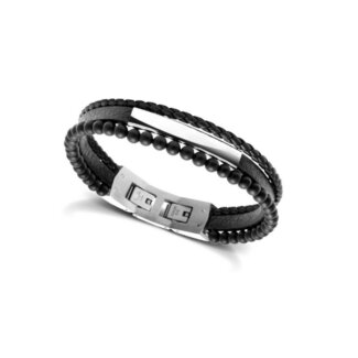 Bracelet Acier, cuir et Agate noire ROCHET HB6601 Homme