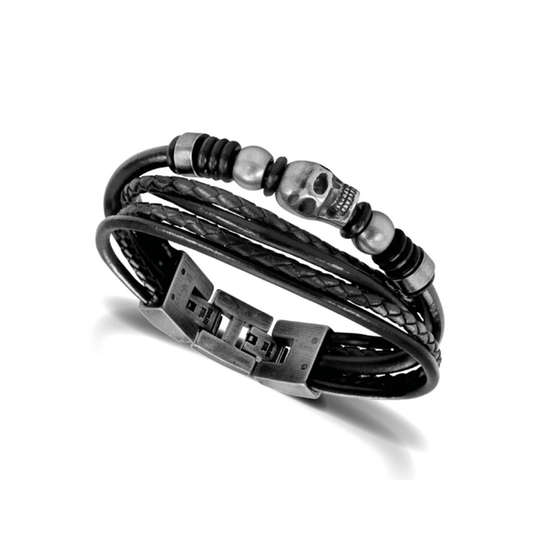 Bracelet Homme Cuir et Acier ROCHET HB6401 tête de mort, autre vue.