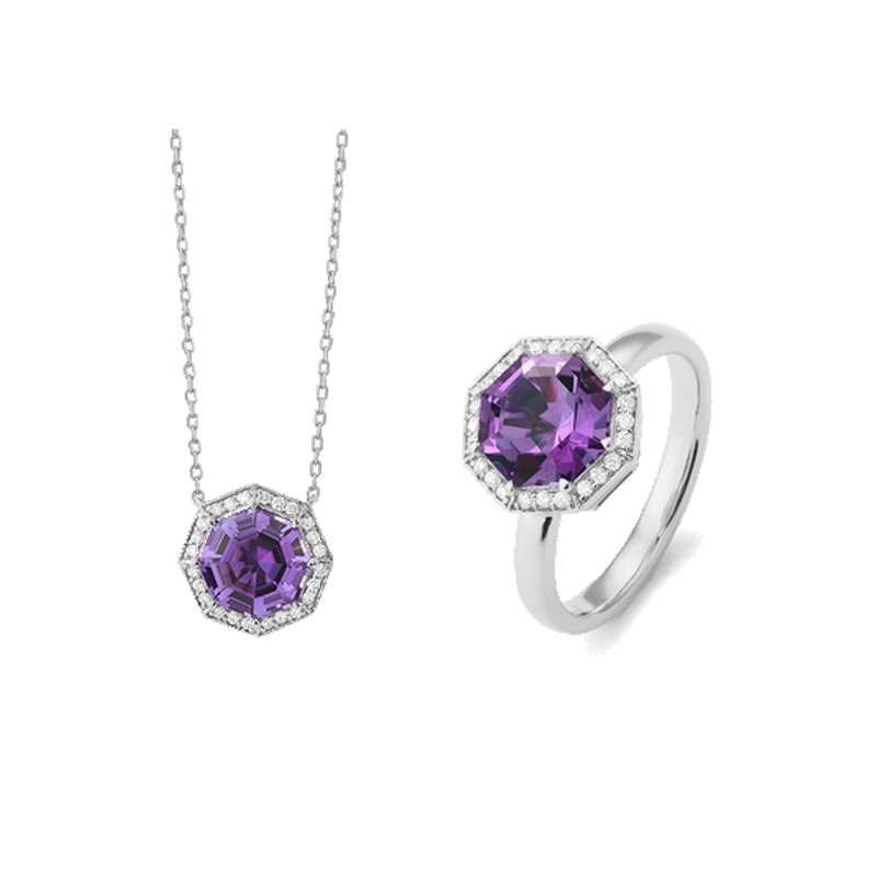 collier-femme-platine-950-amethyste-et-diamants-FACET-P8350FMTWNCQ0-ensemble Collier Femme Platine, Améthyste et Diamants FACET P8350FMTWNCQ0, parure.