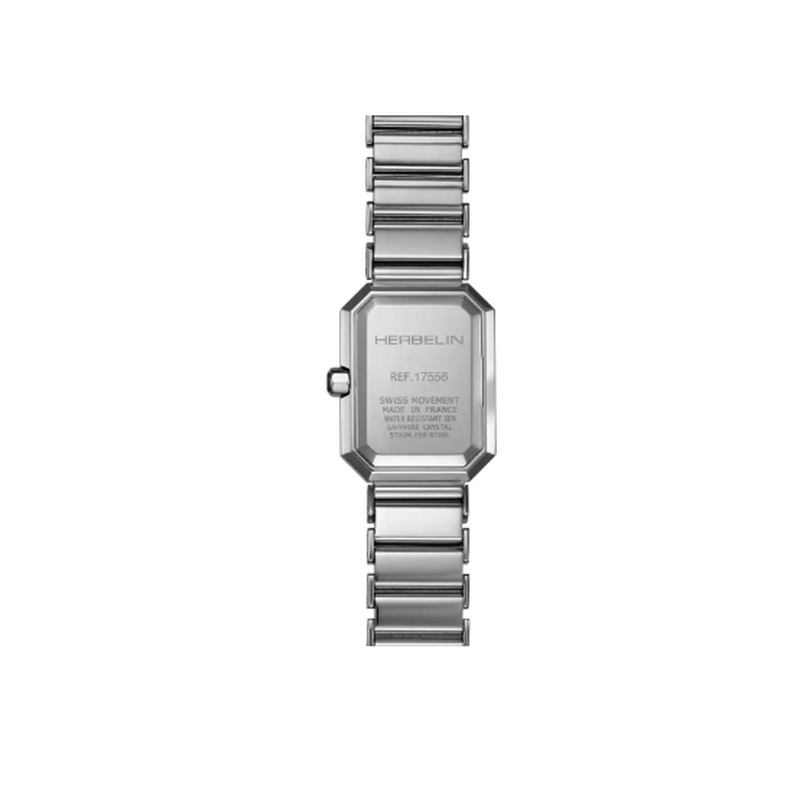 montre-femme-octogone-HERBELIN-17556B49-acier-inoxydable-et-nacre-noire-dos Montre Femme Octogone HERBELIN 17556B49 Acier inoxydable et nacre noire, dos.