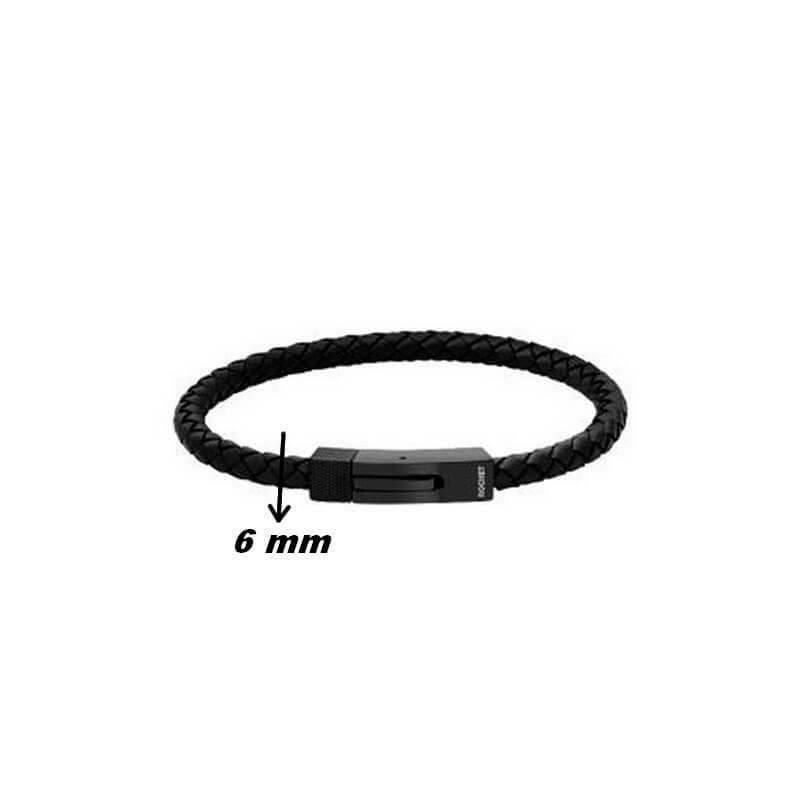 Bracelet Homme Cuir tressé et Acier noir ROCHET HB144101, largeur