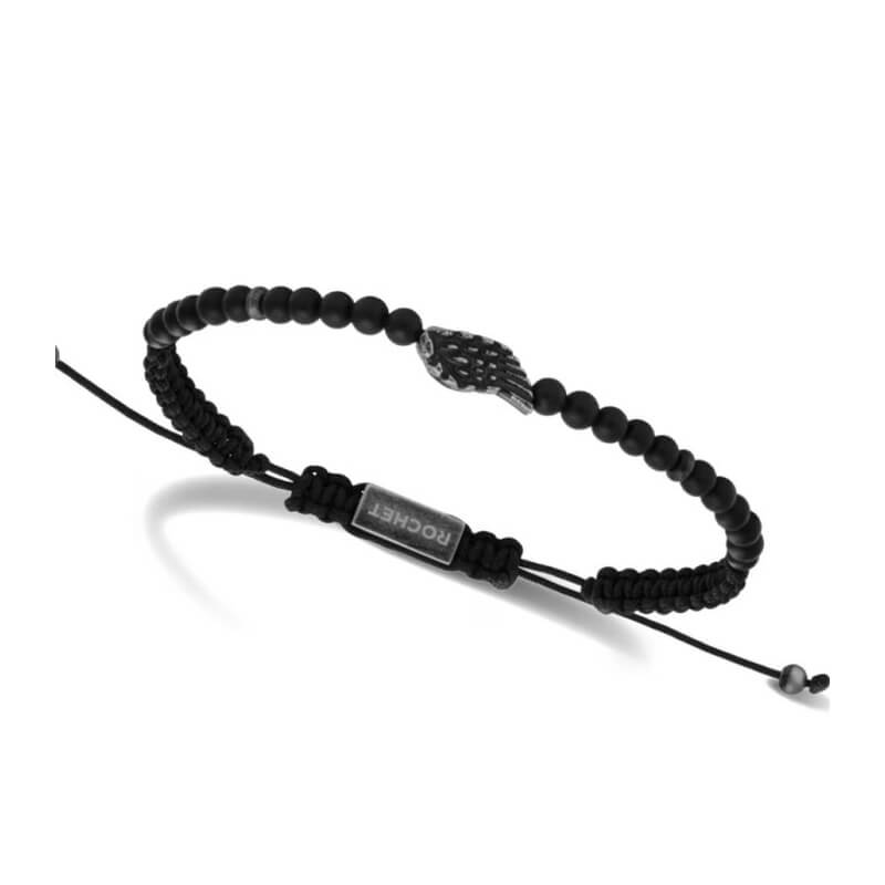 bracelet-acier-inoxydable-cordon-noir-reglable-Aile-ROCHET-HB64401 Bracelet Aile Acier vieilli et Agate noire ROCHET HB64401 Homme