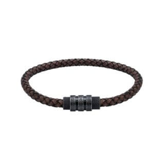 Bracelet Cuir marron tressé, cadenas et Acier ROCHET HB3685 Homme