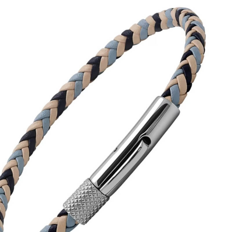 bracelet-acier-inoxydable-cuir-tricolore-ROCHET-HB1430399-autre-vue Bracelet Cuir tressé tricolore et Acier ROCHET HB1430399 Homme, autre vue.