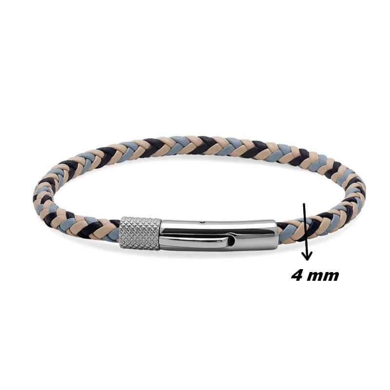 bracelet-acier-inoxydable-cuir-tricolore-ROCHET-HB1430399-largeur Bracelet Cuir tressé tricolore et Acier ROCHET HB1430399 Homme, largeur.