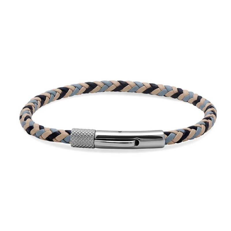 bracelet-acier-inoxydable-cuir-tricolore-ROCHET-HB1430399 Bracelet Cuir tressé tricolore et Acier ROCHET HB1430399 Homme