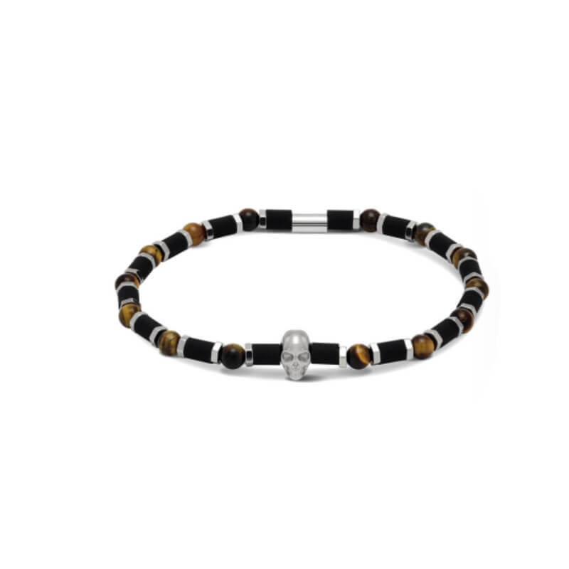 bracelet-elastique-tete-de-mort-acier-oeil-de-tigre-ROCHET-HB55403 Bracelet Acier, Œil de tigre ROCHET HB55403 Homme tête de mort