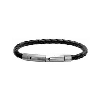 Bracelet Acier inoxydable et cuir noir tressé Homme ROCHET