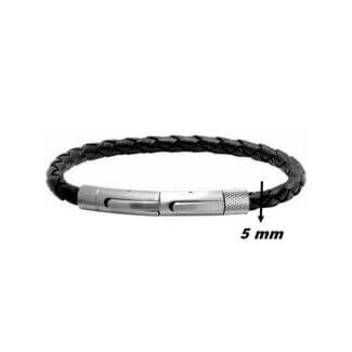 Bracelet Acier inoxydable et cuir noir tressé Homme ROCHET, largeur
