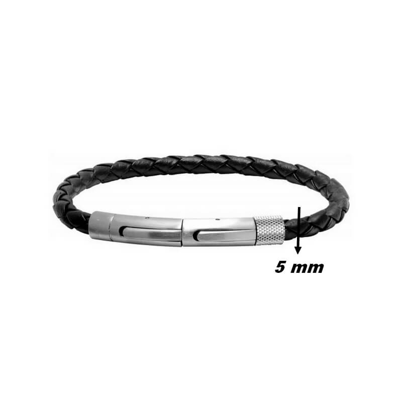 Bracelet Acier inoxydable et cuir noir tressé Homme ROCHET, largeur