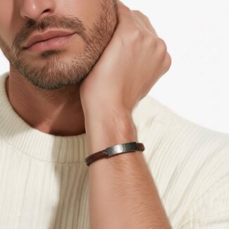 Bracelet Acier inoxydable et cuir marron Homme Shaman ROCHET, porté