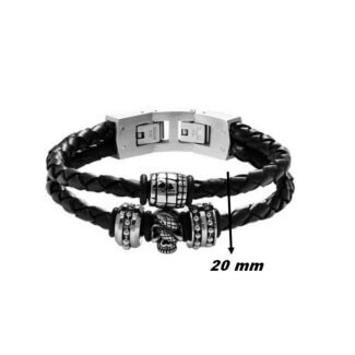 Bracelet Acier inoxydable et cuir noir Homme FURY ROCHET tête de mort et serpent, largeur.