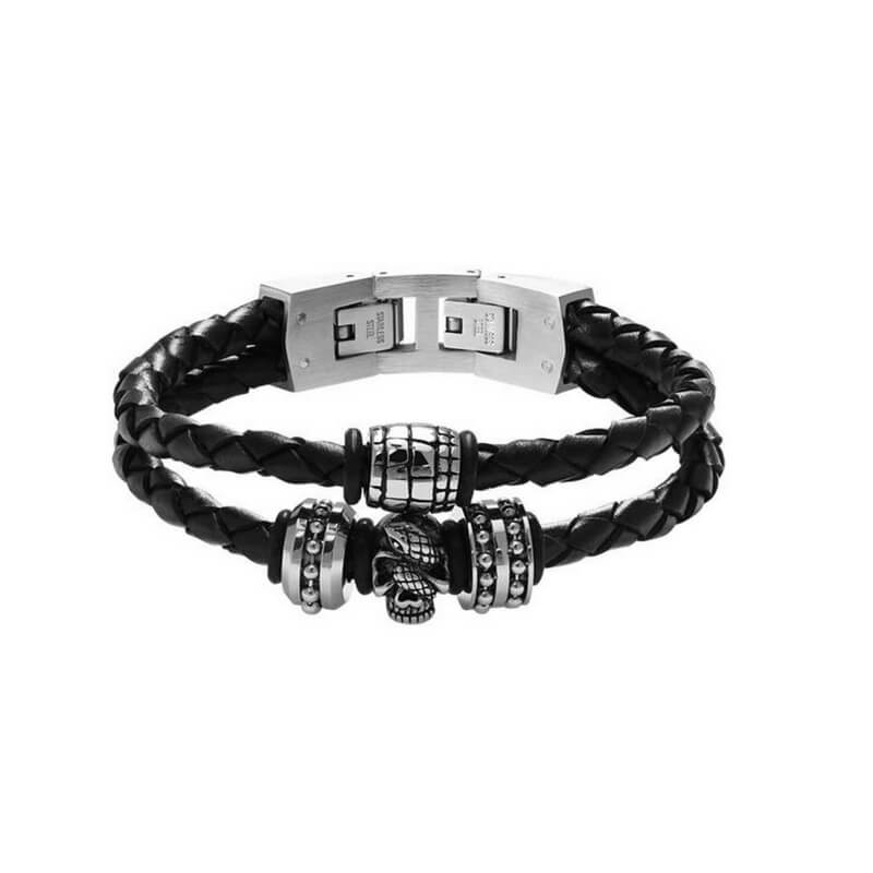 Bracelet Acier inoxydable et cuir noir Homme FURY ROCHET tête de mort et serpent