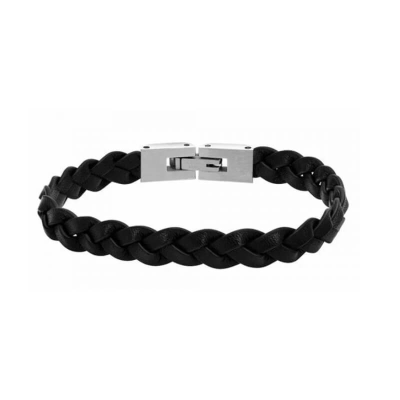 Bracelet Acier inoxydable et cuir noir tressé Homme ROCHET