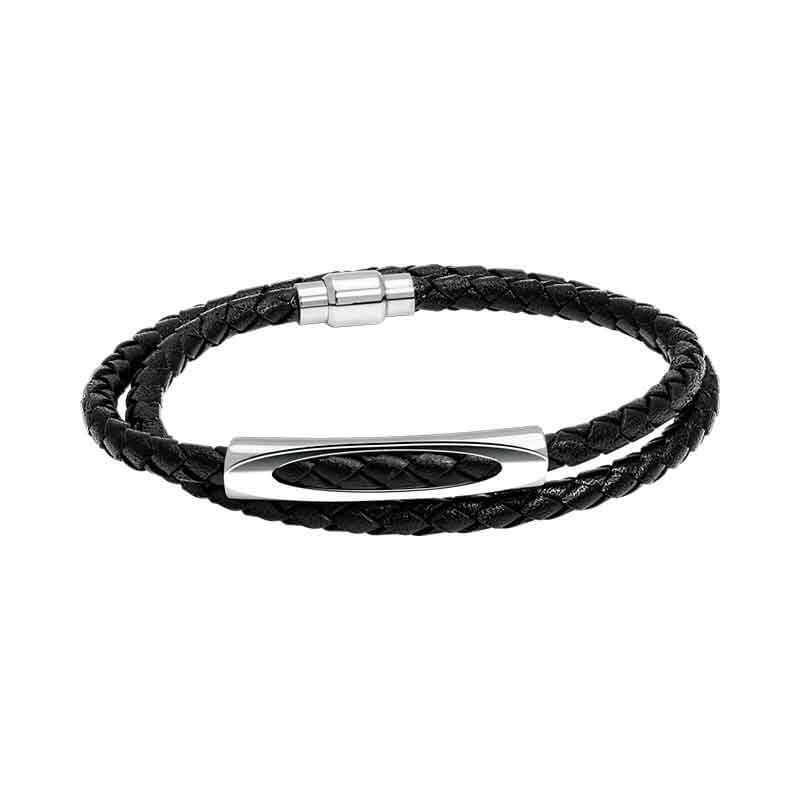 Bracelet double Acier inoxydable et cuir noir tressé Homme ROCHET