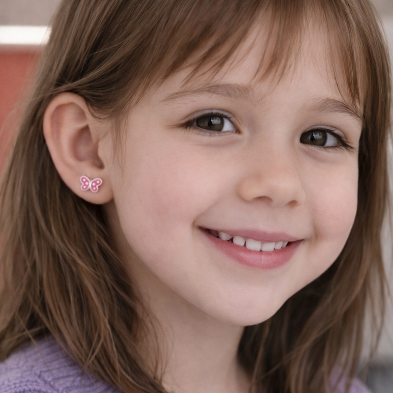 Boucles d’oreilles Papillon rose Enfant Argent portées