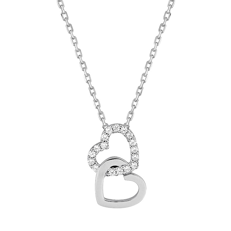 Collier double Cœur Femme Argent et Oxydes
