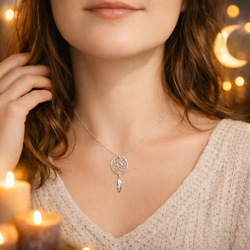 Collier Femme Argent rhodié Attrape-rêve porté