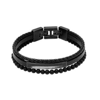 Bracelet Homme Acier inoxydable et cuir noir ROCHET