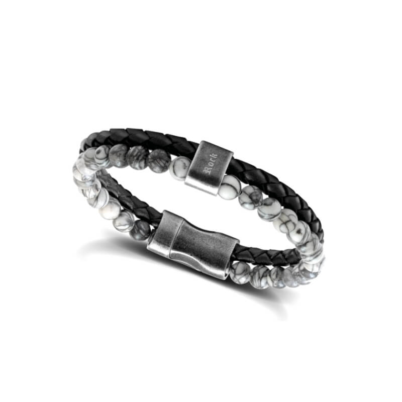 Bracelet cuir noir et Jaspe grise Homme ROCHET