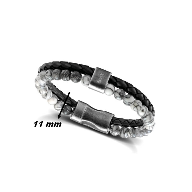 Bracelet cuir noir et Jaspe grise Homme ROCHET, largeur