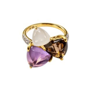 Bague Or jaune Diamants Améthyste Quartz fumé et Pierre de lune